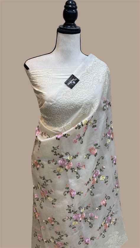 Off-white Pure Organza Chikankari Handloom Banarasi Saree — The Handlooms
