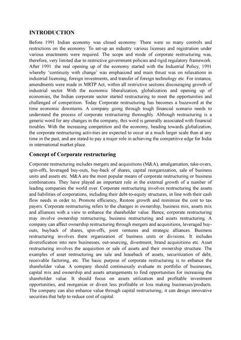 Company reconstruction - INTRODUCTION Before 1991 Indian economy was ...