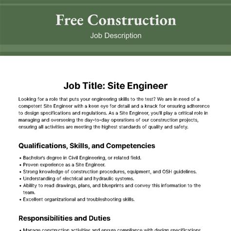 Free Construction Job Description Template to Edit Online