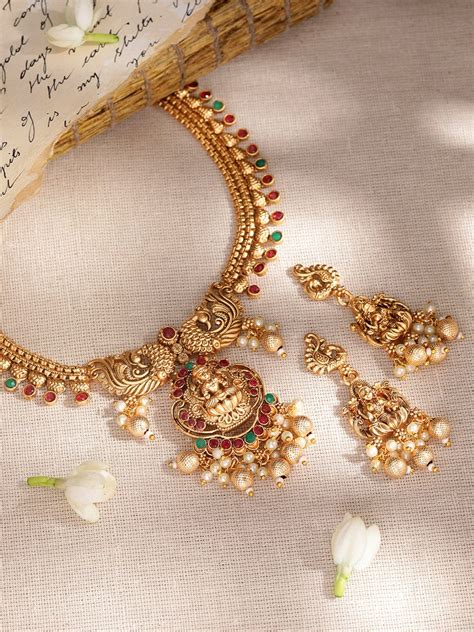 Rubans Gold-Toned Temple Necklace Set with Red and Green Tones