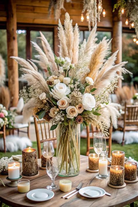 Wildflower bouquet with pampas grass and candles on a rustic table ...
