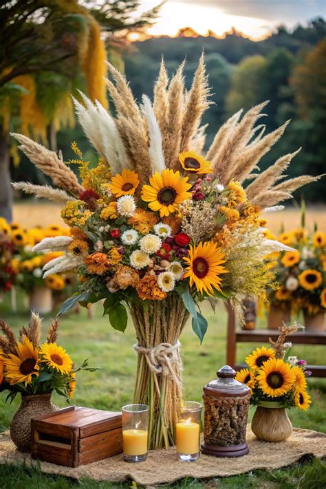 Bohemian wildflower bouquet with sunflowers and pampas grass. From ...