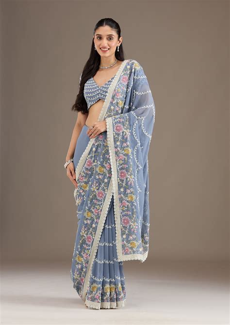 Buy Grey Thread Work Tissue Saree - Koskii