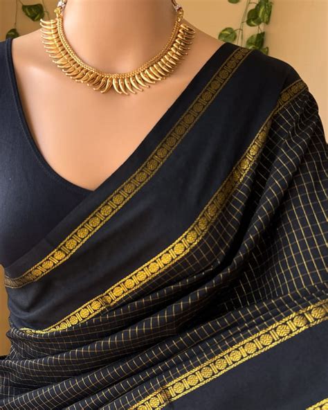 BLACK KATTAM COTTON SILK SAREE RUDRAKSHA BORDER – Theja Couture