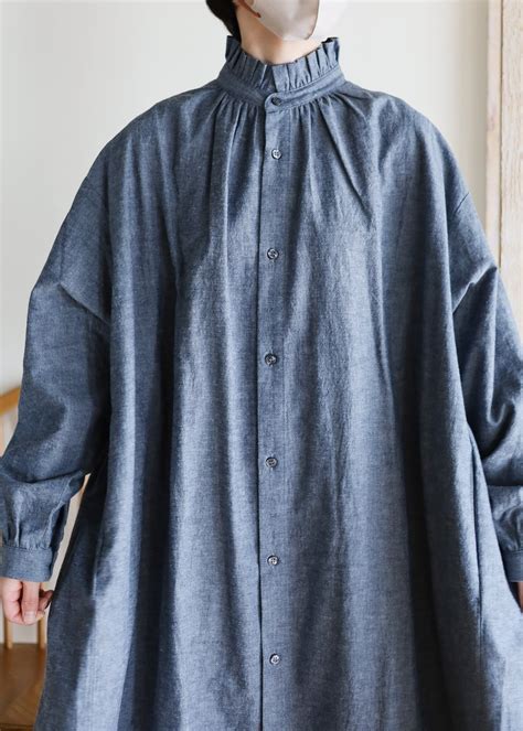 Honnete - Cotton Linen Denim フリルワイドワンピース - Blue | merle