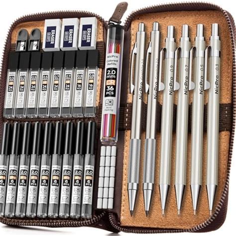 Nicpro 33pcs Metal Mechanical Pencil Holder in Leather Case, 0.3, 0.5 ...