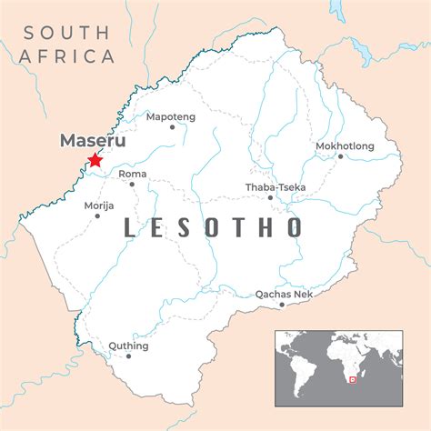 Lesotho Political Map with capital Maseru, important cities and ...