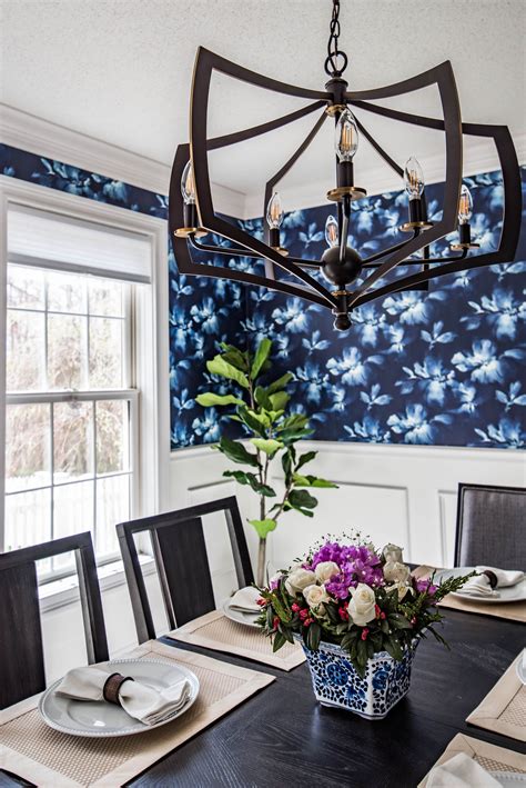 Navy and White Dining Room with Elegant Wallpaper and Finishes
