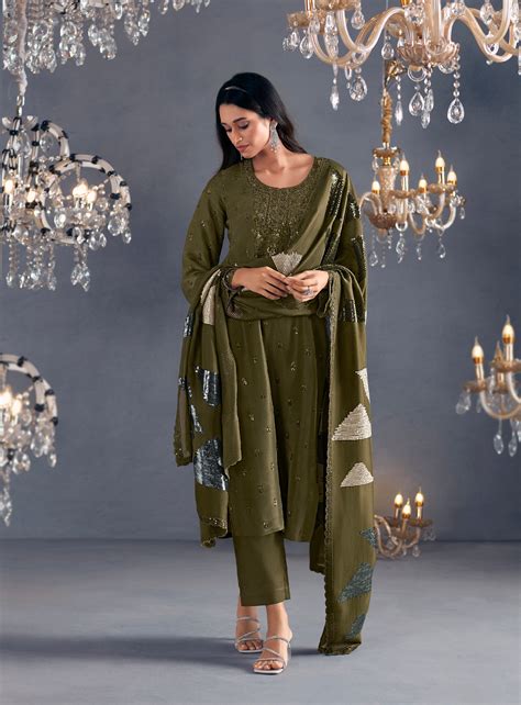 Olive Green Straight-Cut Suit with Embroidered Organza Dupatta – Anant ...