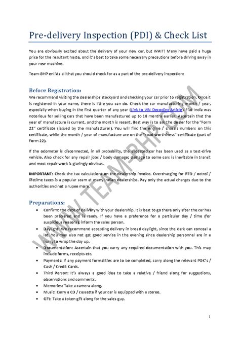 Team-BHP PDI Checklist: Essential New Car Inspection Guide - Studocu