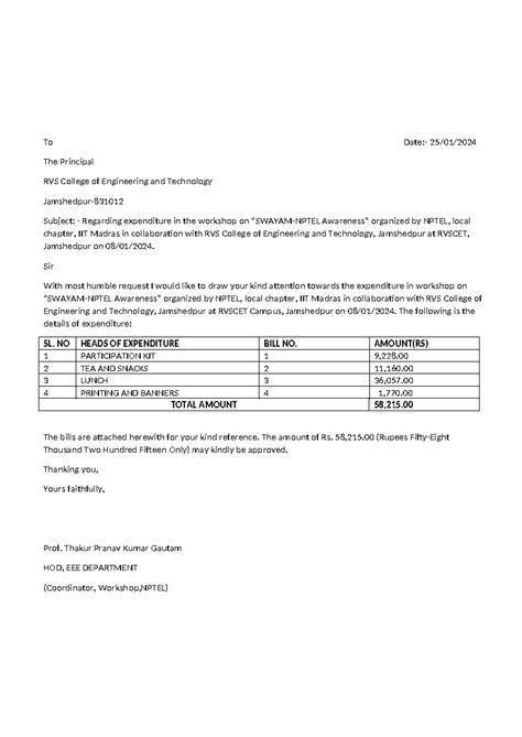 Bill letter - ssss - To Date:- 25/01/ The Principal RVS College of ...