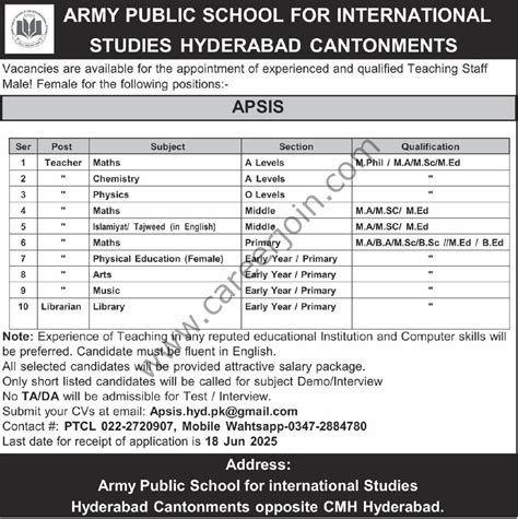 Army Public School For International Studies Jobs June 2025