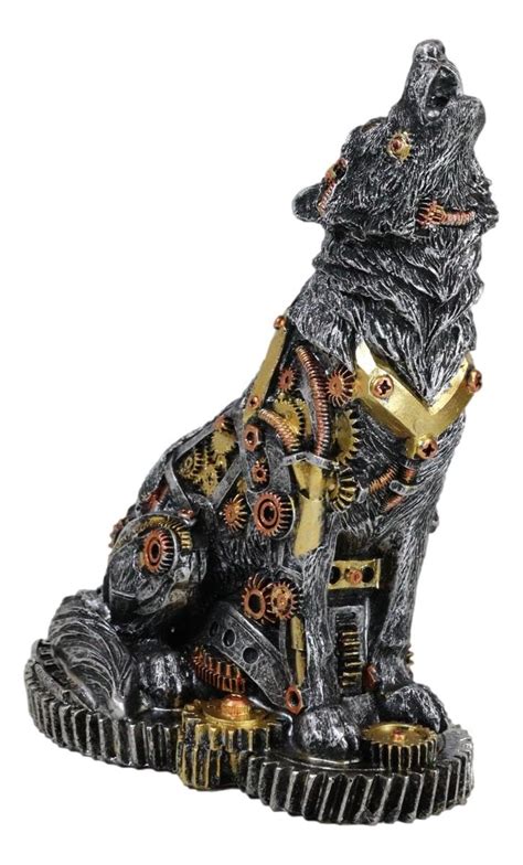 Ebros Steampunk Silver Robotic Alpha Wolf Howling Statue With Sculpted ...