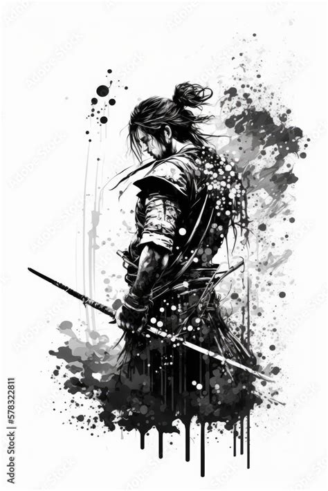Japanese samurai - black and white ink art illustration created using ...