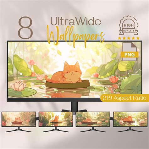 Kawaii Aesthetic Pond Backgrounds for Desktop, Cute Red Cat & Water Lilies Widescreen Wallpaper ...