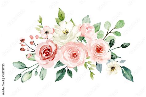 Pink flowers watercolor, floral clip art. Bouquet blush roses perfectly ...