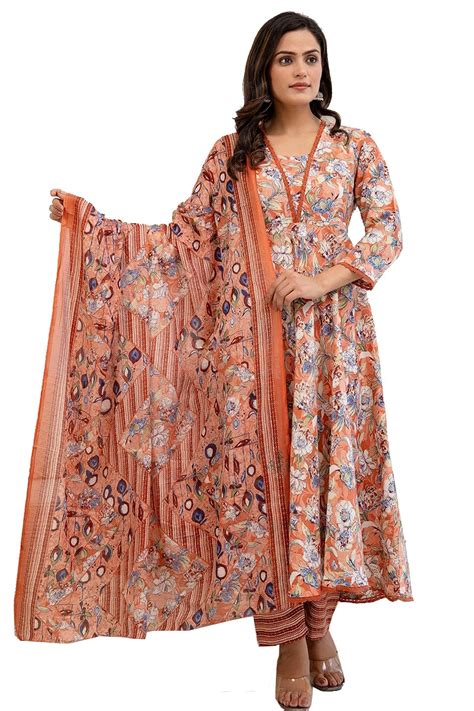 Buy PARTHVI Women's Printed Cotton Anarkali Kurta & Pant With Dupatta ...