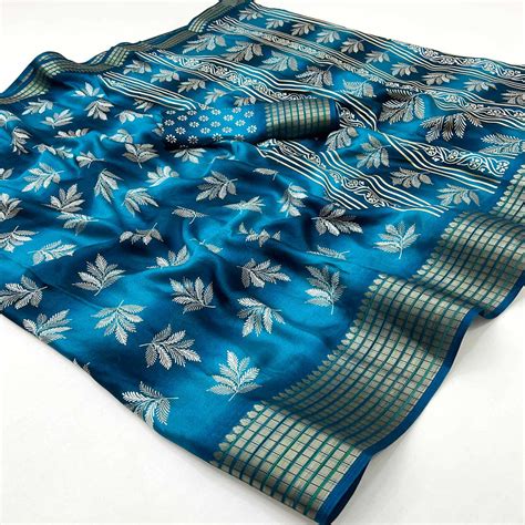 Teal Floral Printed Georgette Saree Featuring Weaving Border Design