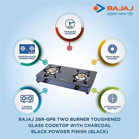 Bajaj GP6, 2-Burner Stainless Steel & Glass Gas Stove (Manual, Black ...