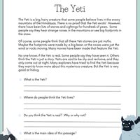 Reading Comprehension: The Yeti - Reading Comprehension for Junior ...
