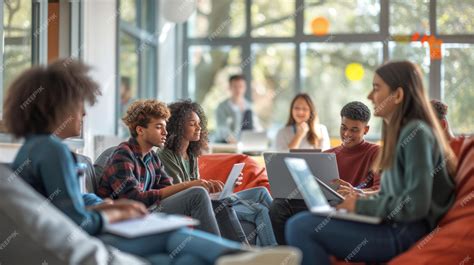 Premium Photo | Multiethnic group of students studying and relaxing in the campus lounge