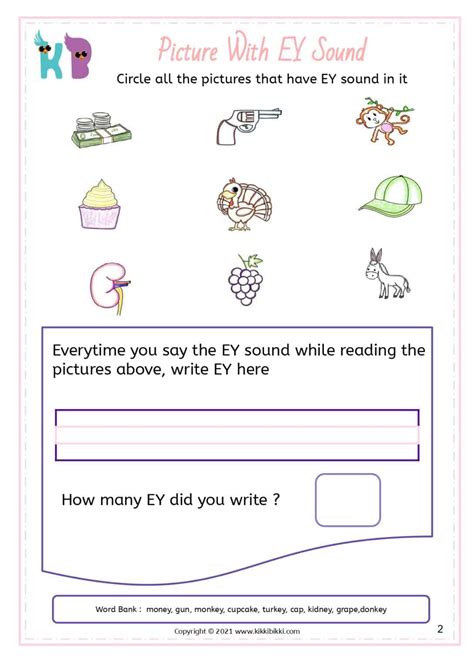 Words ending with 'ey' - Kindergarten Worksheet - Free Phonics