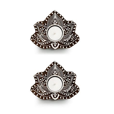'Luminous Lotus' Hand-Carved Blocks Tea-Light Holders In Sheesham Wood ...