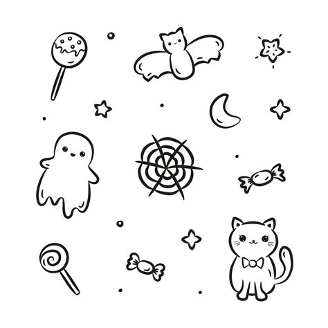 Set of kawaii hand drawn Halloween doodles. Collection of cute kawaii ...