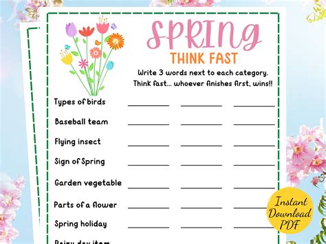 Spring Season THINK FAST Game Printable Spring Party Games Fun Think ...