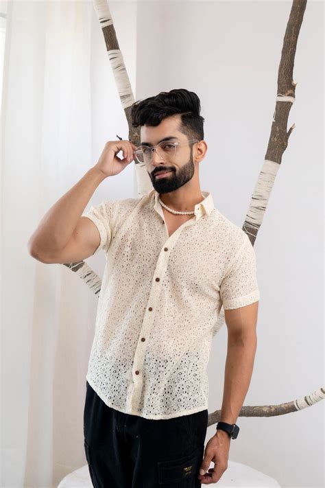 Crochet Cotton Off-White Ivory Lace Shirt for Men | Firangi Yarn