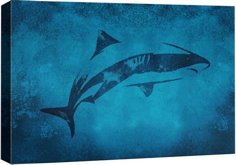 AatoeaX Canvas Print Wall Art Stencil Effect Blue Shark Imprint Amphibians Ocean Illustrations ...