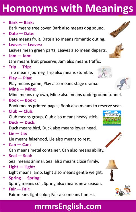 100 Homonyms and their Meanings in English with Pictures - MR MRS ENGLISH