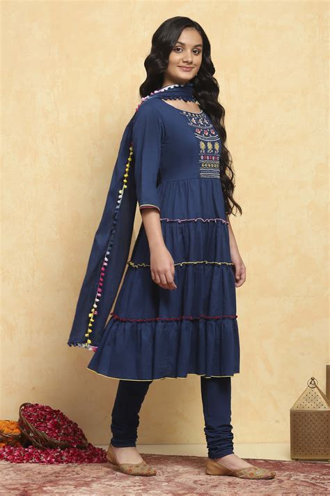 Buy Navy Blue Cotton Tiered Solid Suit Set Online at Biba India
