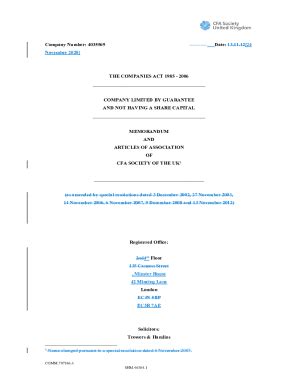 Fillable Online Model articles of association, limited by guarantee ...