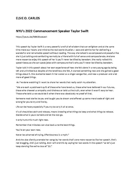 622660976 Taylor Swift NYU s 2022 commencement speech - ELSIE O. CARLOS ...