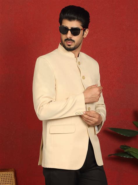 Men’s Solid Twill Bandhgala Coat with Mandarin Collar & Double Vent ...