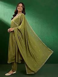 Buy Siyana Green Floral Embroidery Aliya Cut Kurta Pant & Embroidery ...