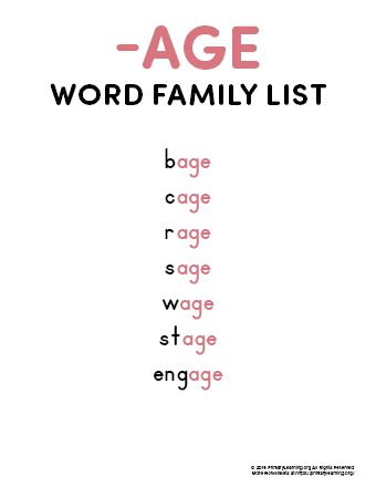 AGE Word Family List | PrimaryLearning.Org