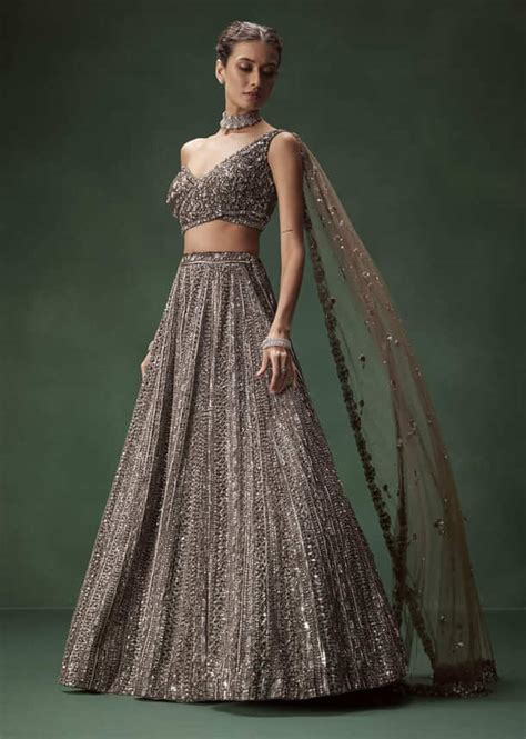 Brown One Shoulder Bridal Lehenga Set With All Over Sequins