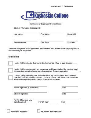 Fillable Online kaskaskia Independent / Dependent Verification of ...