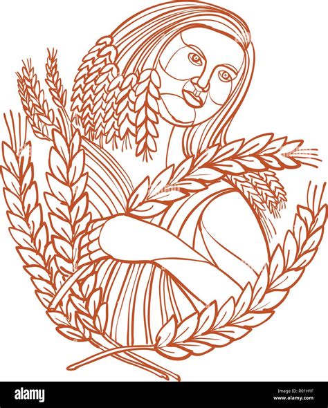 Mono line illustration of female farmer or Demeter, the goddess of the ...