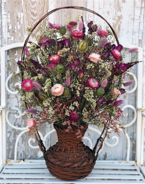 Dried Flower Floral Arrangement in Antique with Tall Handle Basket ...