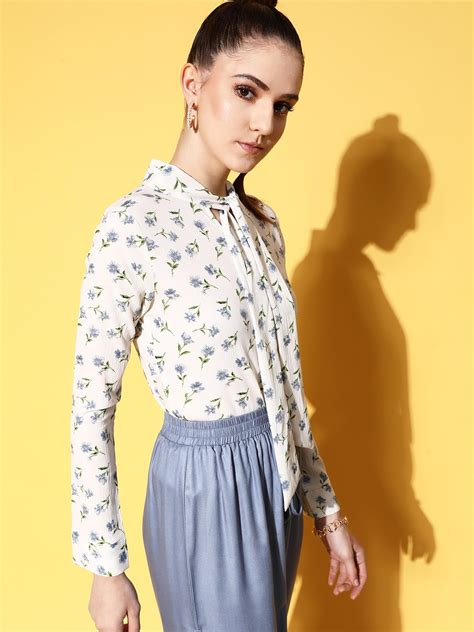 Women White & Blue Floral Printed Tie-Up Neck Crepe Regular Top - Berrylush