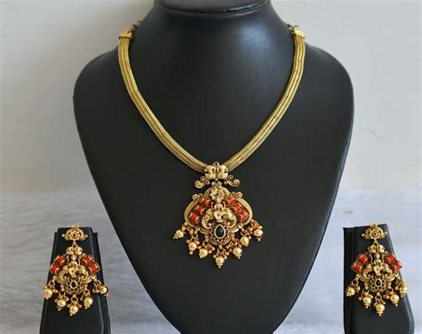 Antique gold tone kemp-green coral stone gaja lakshmi peacock nakshi n ...