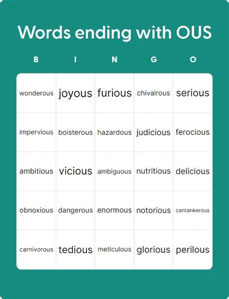 Words Ending With OUS - Bingo Card Creator