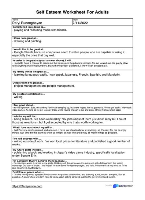Self Esteem Worksheet For Adults - Admuscente