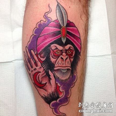 腿部彩色老黑猩猩占卜纹身图案(图片编号:153056)_纹身图片 - 刺青会