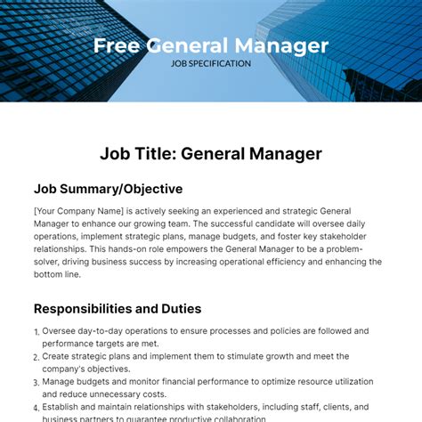 Free General Manager Job Specification Template to Edit Online