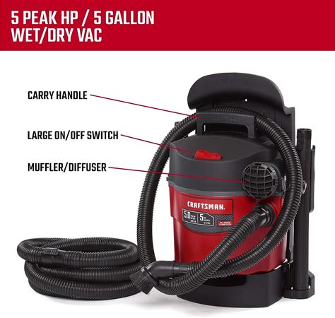 CRAFTSMAN CMXEVBE17925 5 Gallon 5.0 Peak HP Wet/Dry Wall Vac, Wall-Mounted Shop Vacuum with ...