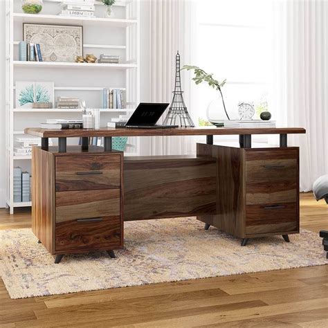 Hondah Solid Wood 70 Inch Modern Dual Sided Storage Executive Desk ...